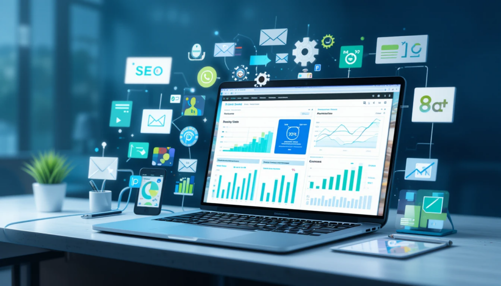 SEO ve inografik gibi türleri bilgisayar ortamında gösteren bir görsel.